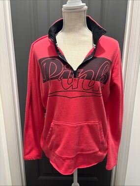 PINK Victoria's Secret Coral-Pink Quarter Zip Pullover with Black Logo Panel